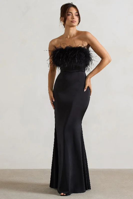 Sophisticated Fashion Modern Romance Dress For It | Black Satin Feather Trim Maxi Dress