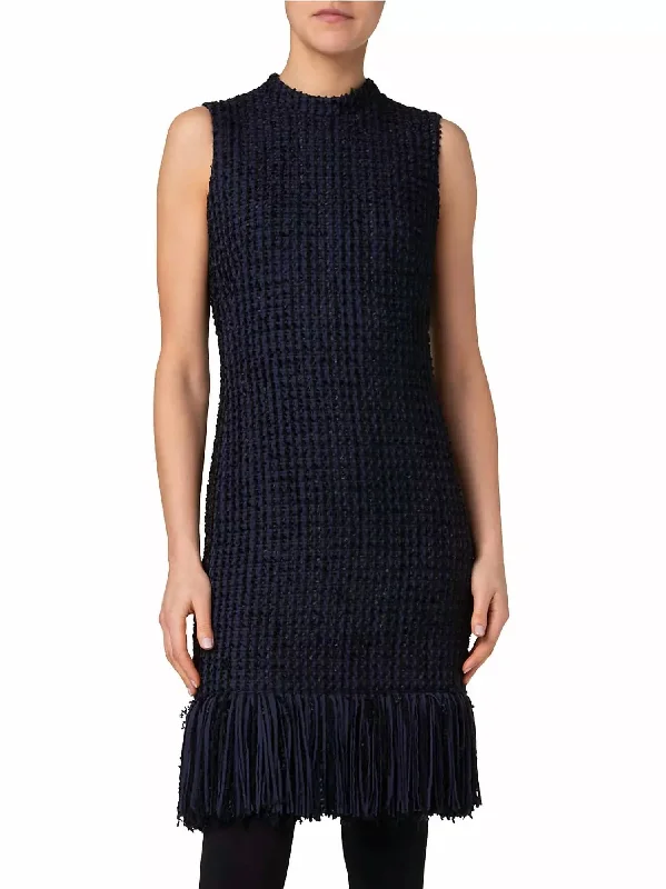 Get The Latest Trends Seasonal Trend Tweed Sleeveless Sheath Dress In Navy