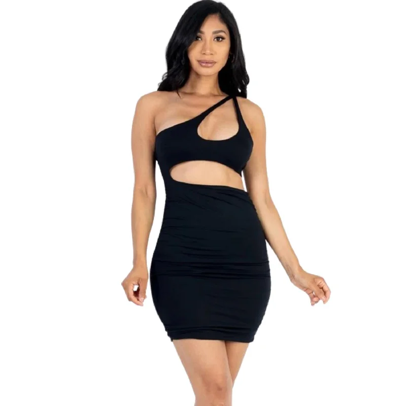 Shop Sales Lighten Up with Nordic Styles One Shoulder Cut-out Front Ruched Bodycon Mini Dress