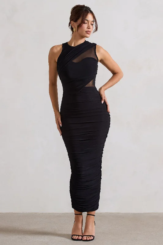 Unleash Your Trendy Side Polished Finish Born With It | Black Sleeveless High-Neck Draped Maxi Dress With Mesh Inserts