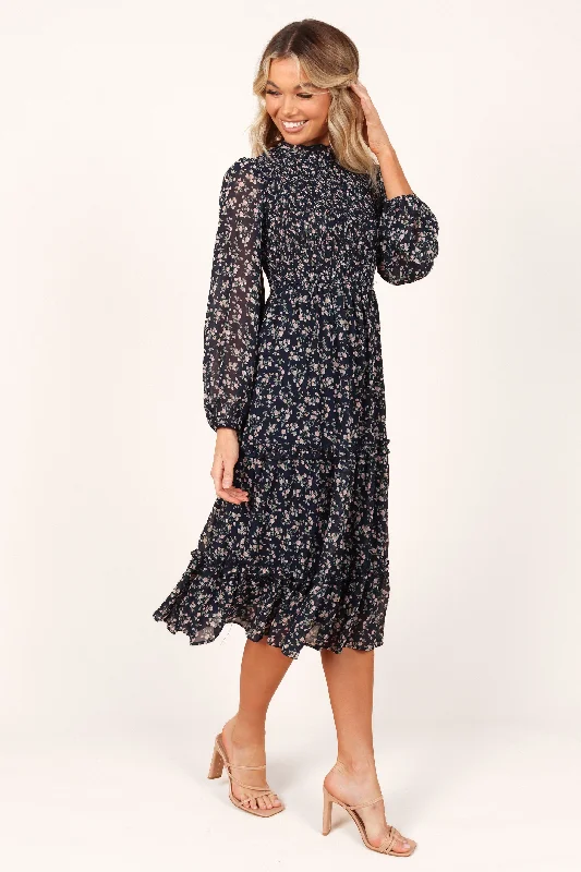 Shop Sale Items Feminine Grace Edwina Shirred Frill Long Sleeve Midi Dress - Navy Floral