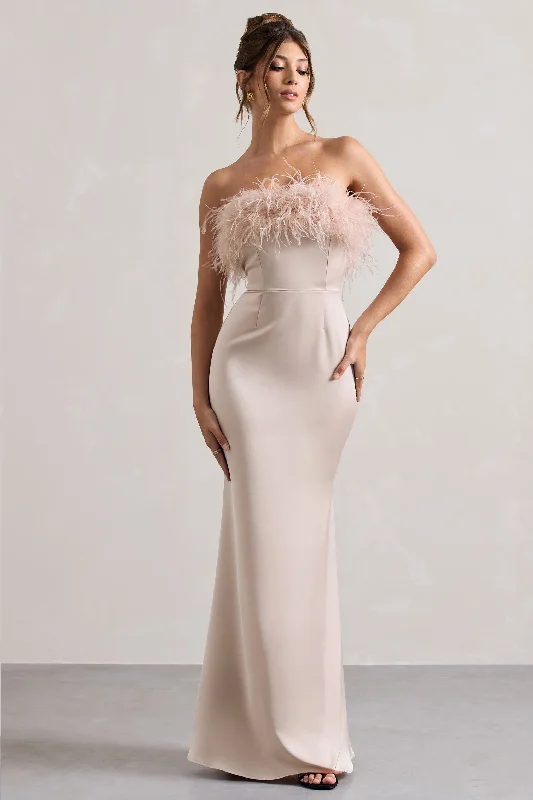 Stylish Deals Feminine Elegance Dress For It | Champagne Satin Strapless Feather Trim Maxi Dress