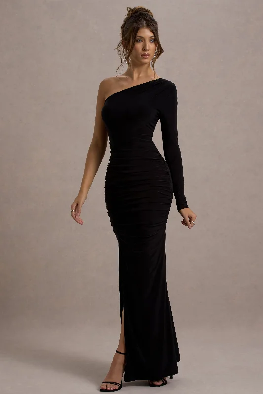 Flash Sale, Don'T Miss Score Big on Glamorous Red - Carpet Styles Doll | Black Asymmetric One Sleeve Ruched Maxi Dress