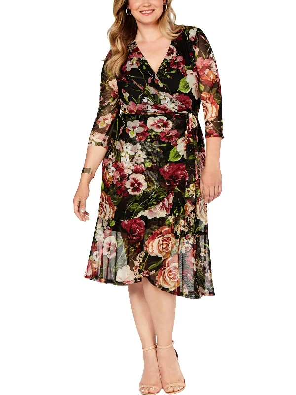 Glamorous Fashion Offers Vibrant Prints Plus Womens Mesh Floral Print Wrap Dress