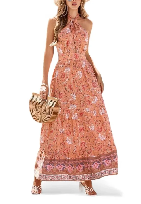 Luxury Fashion Summer Splash Sale Floral Print Halter Tie Maxi Dress In Orange Floral