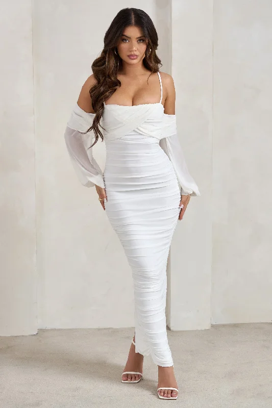 Winter Warehouse Sale Buy More, Save More Announcement | White Bardot Mesh Ruched Maxi Dress