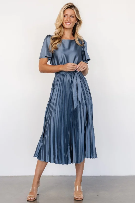 Chic Trends Unveiled Casual Elegance Adelaide Pleated Satin Dress | Blue