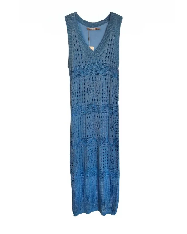 Snag Fabulous Fashion Bargains Flowy Fabric Sleeveless Crochet Knit Dress In Blue