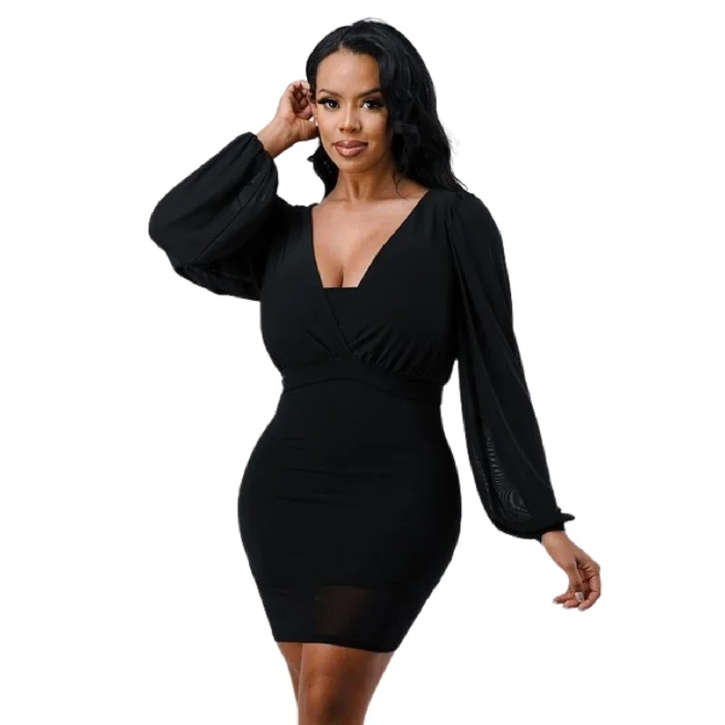 Low Price Special Flash Deals Lux Mesh Layered Lining V Neck Bubble Slv Bodycon Dress