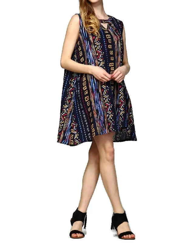 Special Offer For You Anniversary Sale Tribal Sleeveless Keyhole Dress In Blue