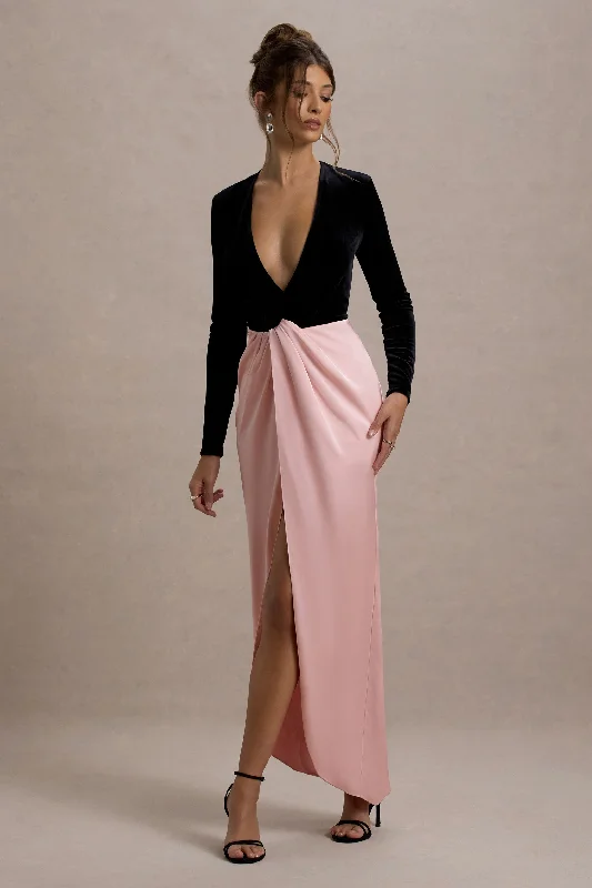 Glamorous Fashion Offers Feminine Grace Love Spell | Black Velvet Plunge-Neck Maxi Dress With Pink Satin Skirt