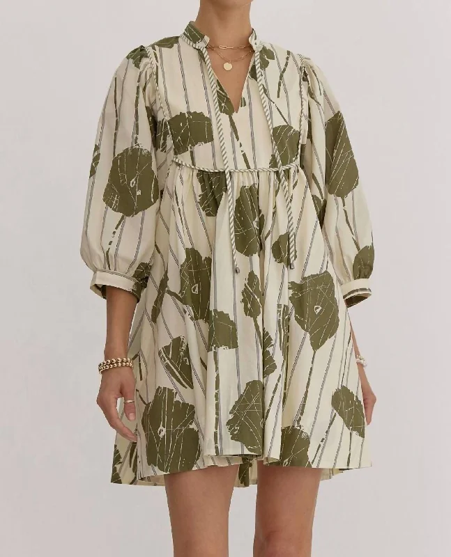 Fashion Forward Femininity Feminine Grace Puff Sleeve Floral Dress In Olive