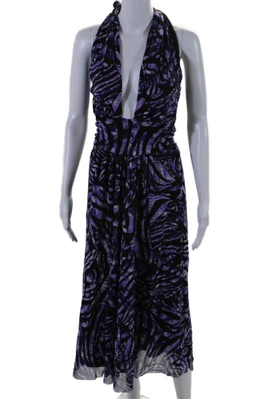 Luxury Fashion Summer Splash Sale Fuzzi Womens Purple Printed Halter Neck Sleeveless Shift Dress