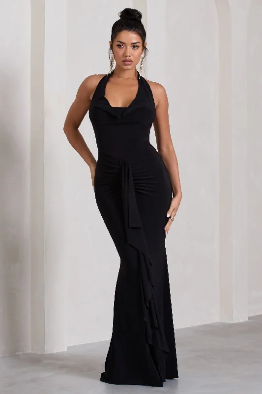 Stylish Statements Flowy Fabric Kaia | Black Ruched Cowl-Neck Maxi Dress With Drape