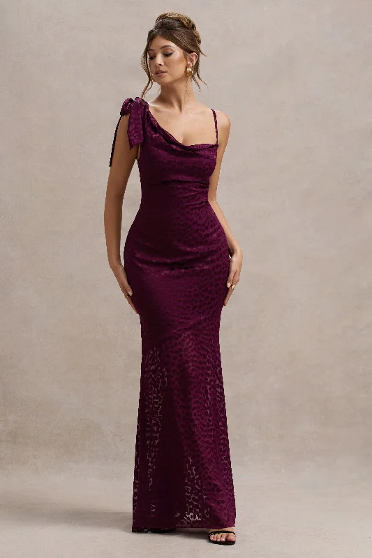 Sophisticated Style Offers Vintage Elegance Sangria | Burgundy Satin Jacquard Cowl-Neck Maxi Dress