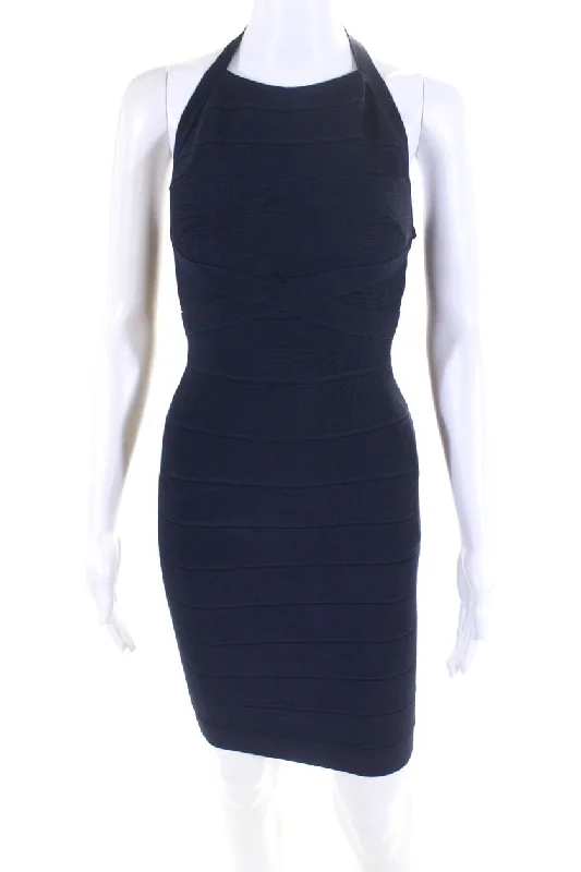 Modern Chic Discounts Classic Charm Herve Leger Women's Open Back Sleeveless Bodycon Mini Dress Navy