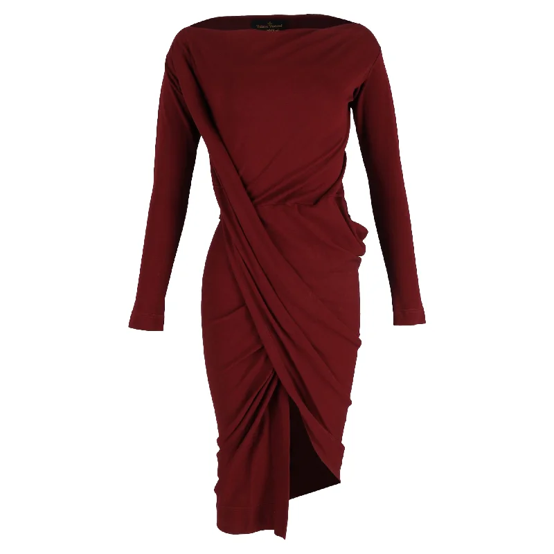 Trendy Fashion Sale Save on Inspired Styles Vivienne Westwood Knee-Length Long Sleeve Draped Dress in Maroon Cotton