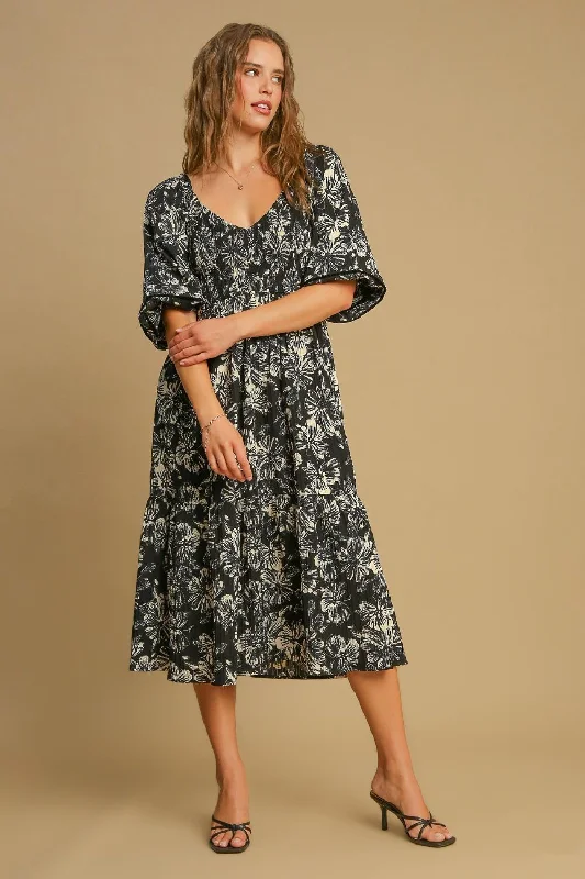 Flash Sale Starts Luxe Layering Hot Girl X Umgee Ruffle Hem Floral V-Neck Midi Dress In Black