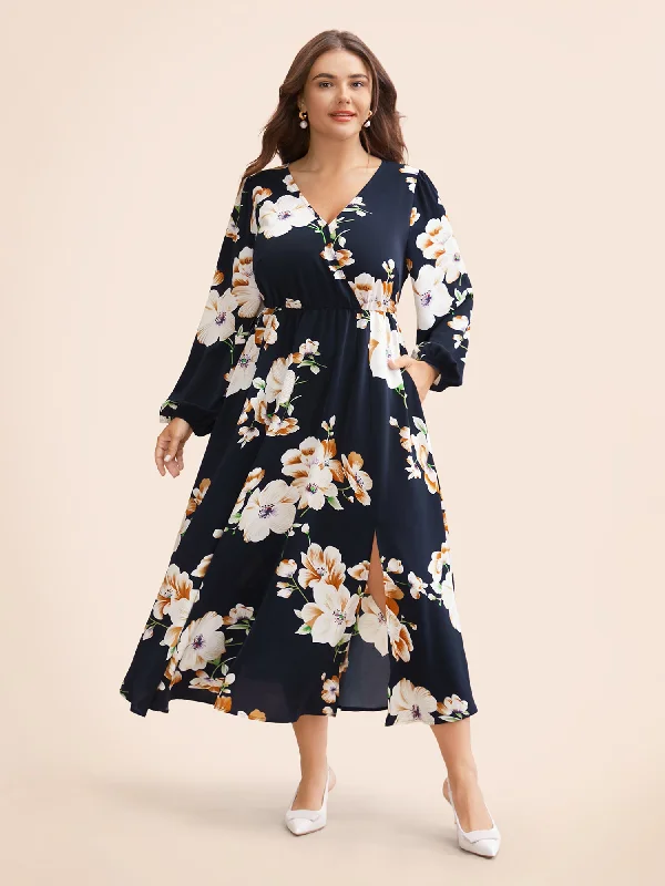 Unleash Your Style Bold Patterns Bloom Dress - Floral Lantern Sleeve Pocket Split Surplice Neck Flutter Maxi Dress