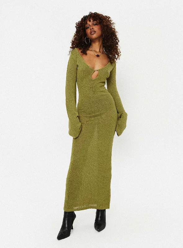 Seasonal Clearance Feminine Soft - Hued Styles Balart Long Sleeve Maxi Dress Green