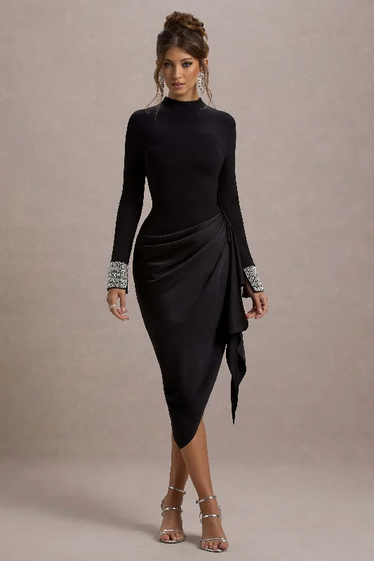 Classy Style Discounts Save on Classic Elegant Styles Luanna | Black Satin Long-Sleeve Midi Dress With Draped Skirt