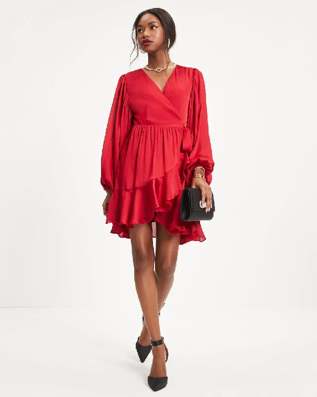 Buy More, Save More Tropical Island - Inspired Attire Whitney Satin Wrap Ruffle Mini Dress