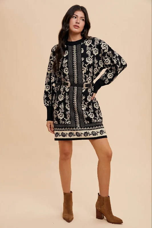 Massive Savings Modern Romance Hot Girl Annie Wear Floral Jacquard Sweater Dress In Black