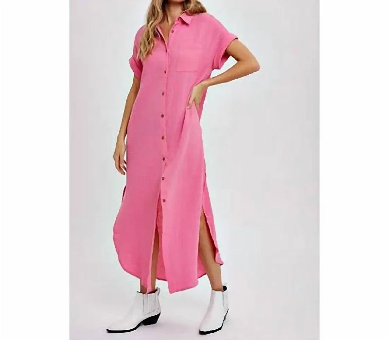 Exclusive Fashion Deals Feminine Elegance Maxi Button Up Shirt Dress With Pocket In Barbie Pink