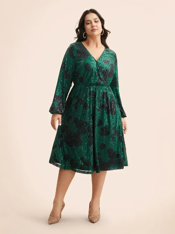 Chic & Cozy Collection Sophisticated Cut Sequin Floral Lantern Sleeve Midi Dress