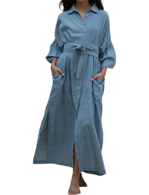 Boutique Styles Vintage Retro Party Wear Button Down Shirt Dress In Indigo/ice Blue