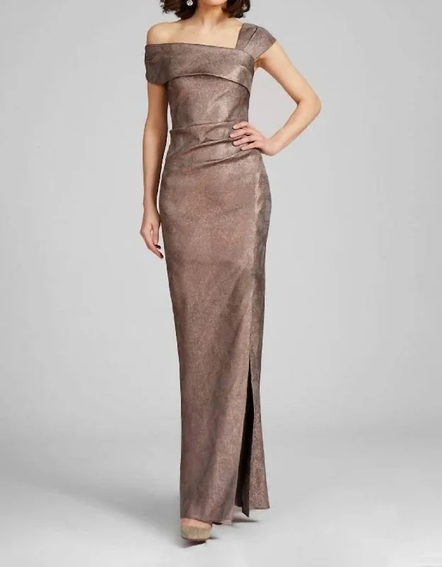 Affordable Trendy Fashion Luxury Comfort Metallic Jacquard Asymmetrical Shoulder Gown In Bronze