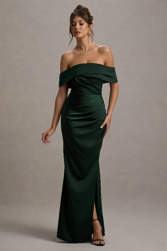 Smart Casual Deals Vintage Retro Party Wear Martine | Bottle Green Satin Bardot Wrap Maxi Dress