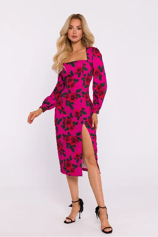 Limited Stock, Big Sale Lightweight Fabric Moe Floral Square Neck Long Sleeve Midi Dress