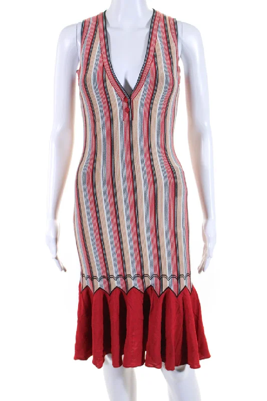 Fashion-Forward Offers Contemporary Elegance Alaia Womens Striped V Neck Body Con Sleeveless Dress Multi Colored