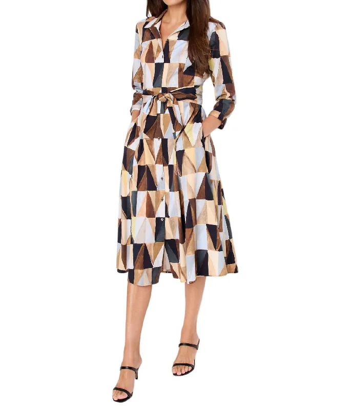 Polished Style Deals Parisian Effortless Chic Style Shadow Play Shirt Dress In Brown Multi