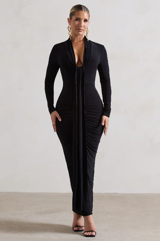 Vintage-Inspired Style Offers Classic Charm Risha | Black Plunge-Neck Long-Sleeve Drape Maxi Dress