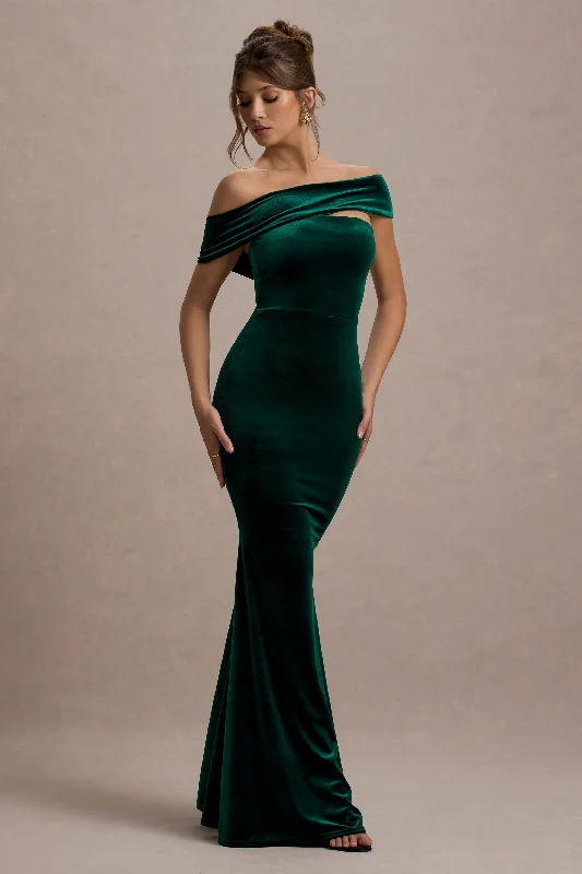 Hot Sale Lighten Up with Nordic Styles Candela | Bottle Green Velvet Asymmetric Bardot Maxi Dress