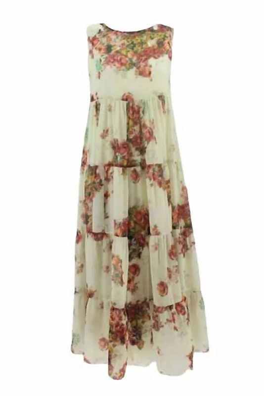 Limited-Time Offer Great Deals on Ethnic Cultural Wear Women's Flower Bouquet Sleeveless Dress In Cream