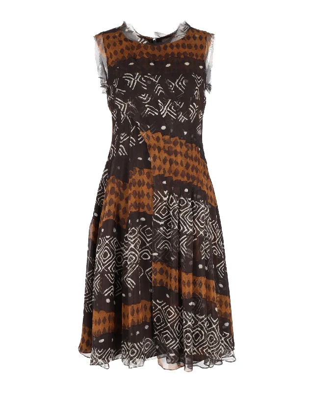 Easy Elegance Sales Ethnic Cultural Event Wear Oscar De La Renta Ethnic Print Sleeveless Dress in Brown Silk