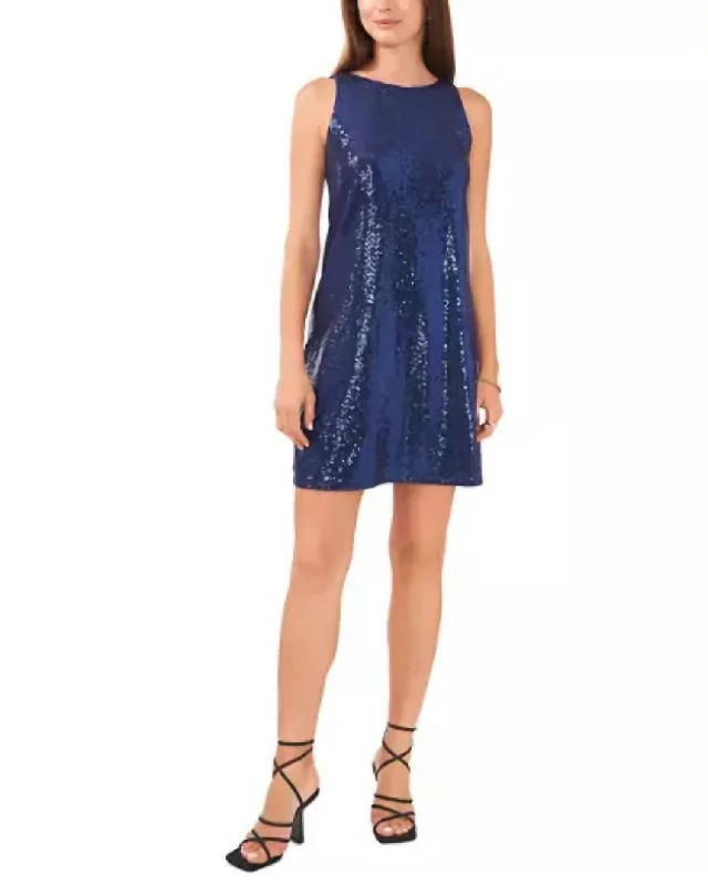 Minimalist Fashion Sale Flowy Fabric Sleeveless Sequin Shift Dress In Blue