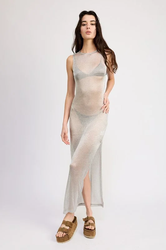 Step Ahead, Lead The Trend Art Deco Geometric Pattern Look Hot Girl Commotion Sheer Side Slit Maxi Dress In Silver