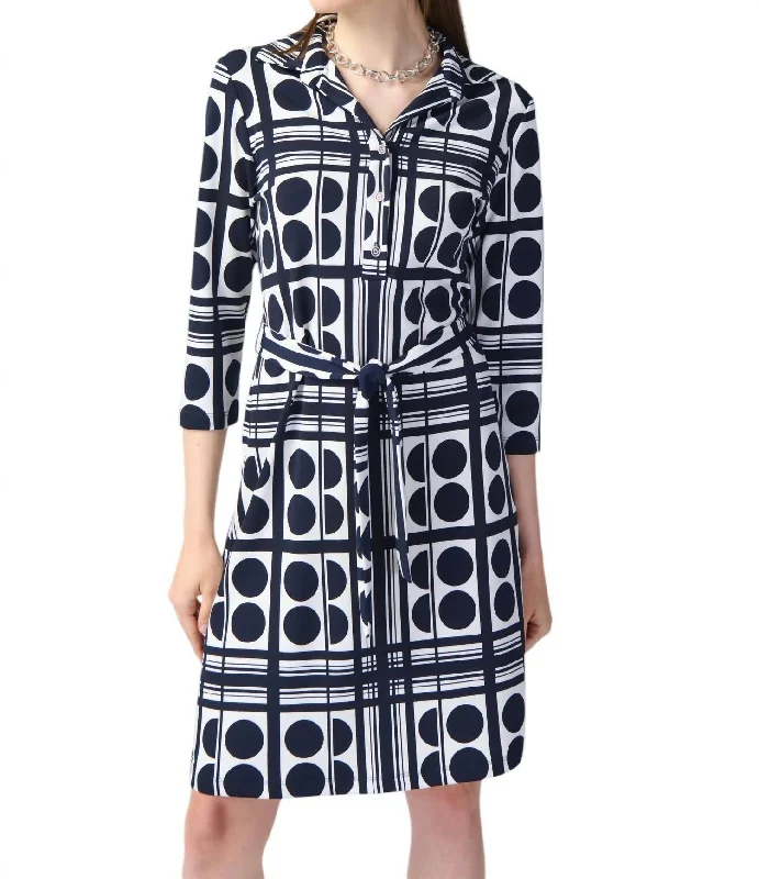 Fall Sale, Prices Drop Coastal Beach - Inspired Style Geometric Print Shirt Dress In Vanilla/midnight Blue