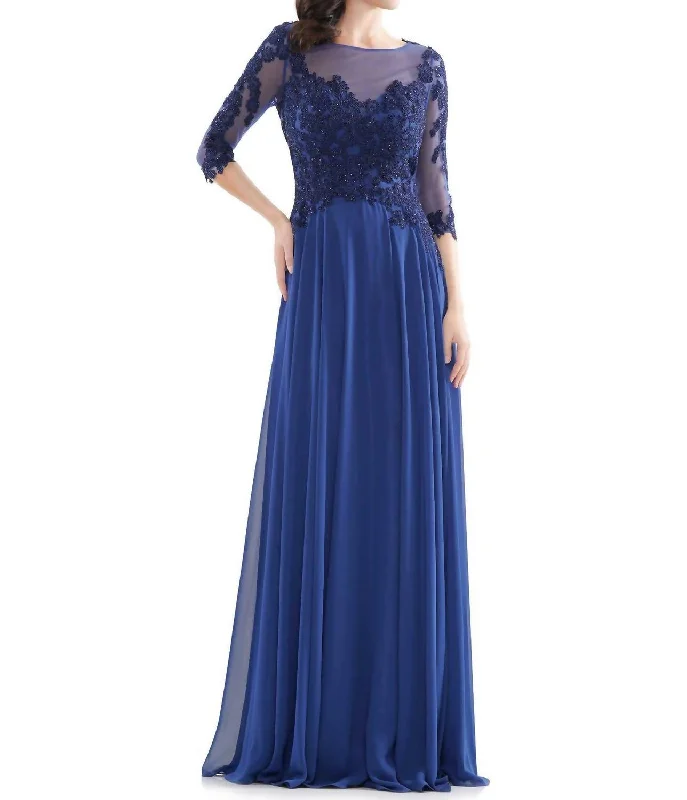 Style Breakthroughs Subtle Sophistication 3/4 Sleeve Gown In Indigo Blue