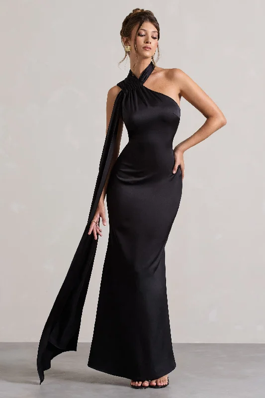 Luxury Fashion Discounts Subtle Sophistication Sancia | Black Satin Asymmetric Maxi Dress With Sash