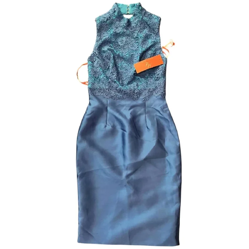 New Arrivals Y2K Nostalgic Fashion Look Sleeveless Lace High Neck Sheath Dress In Blue