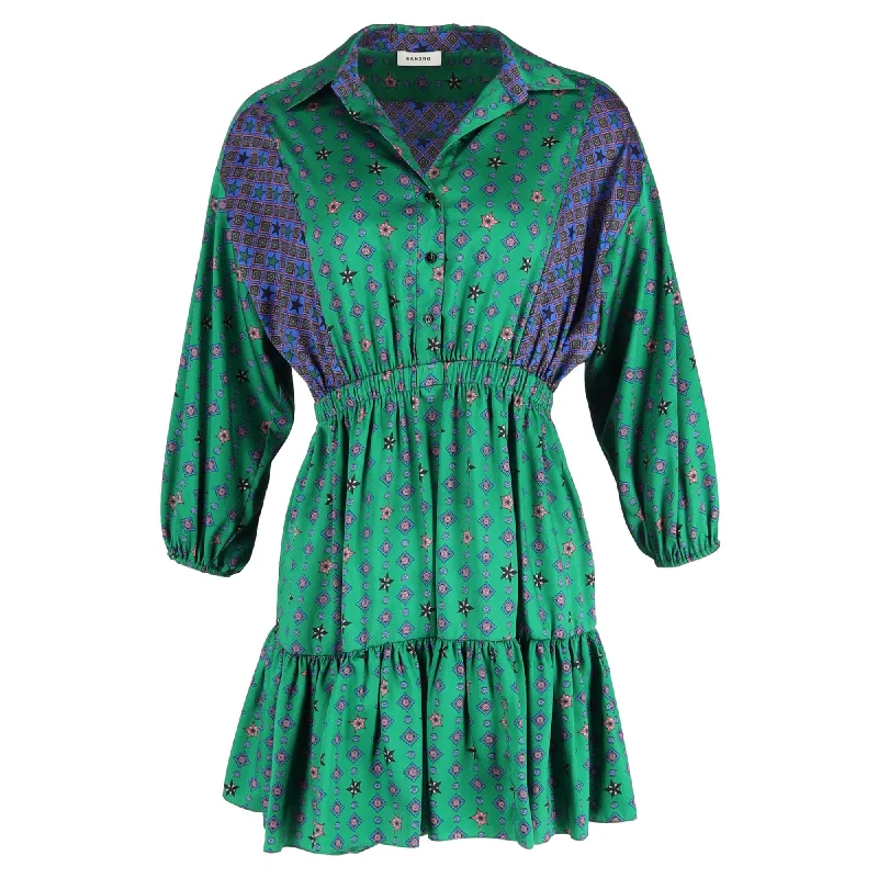 Spring Fashion Chic Allure Sandro Paris Printed Mini Color-Block Gathered Waist Shirt Dress in Green Satin