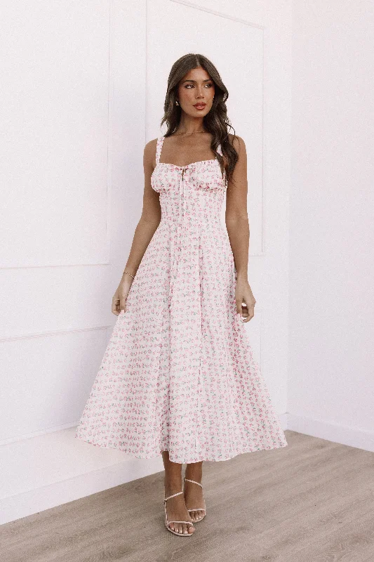 Snag Fabulous Fashion Bargains Parisian Effortless Chic Style Elodie Midi Dress - Pink Floral