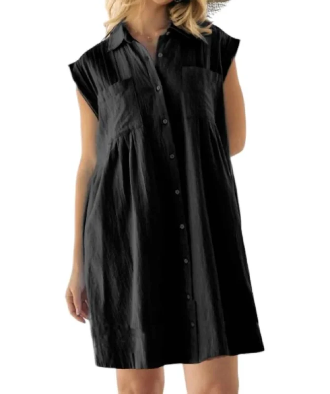 Unleash Your Trend Driven Style Mid - Season Sale Solid Collar Shirt Dress In Black