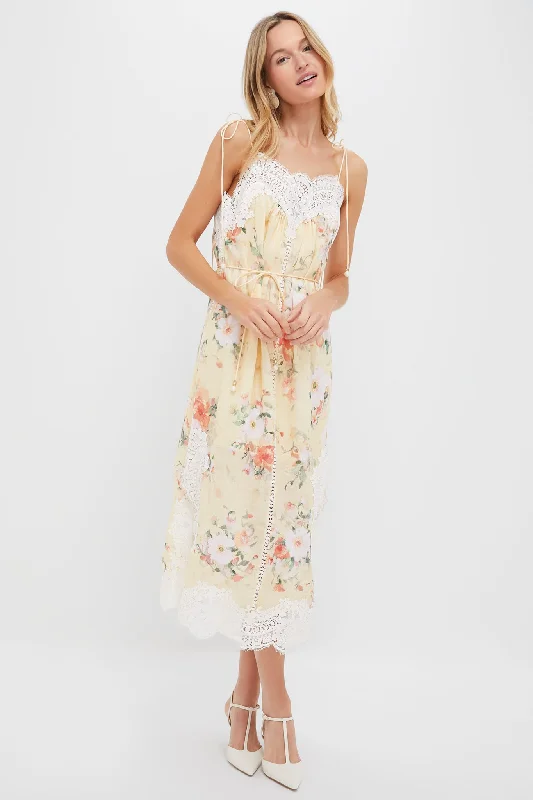 Sleek Style Discounts Bold Silhouette Yellow Watercolour Floral Everley Lace Trim Slip Dress