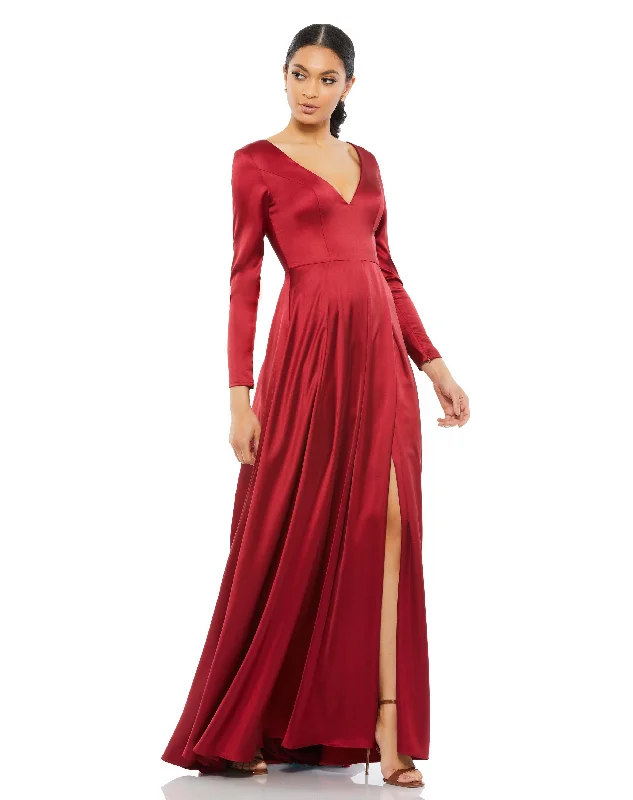 Evening Elegance Limited - Stock Satin V Neck Long Sleeve Pleated Gown